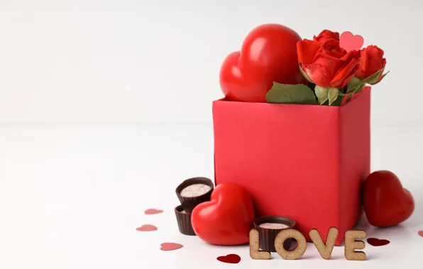 Картинка любовь, подарок, романтика, сердце, шоколад, сердечки, red, love