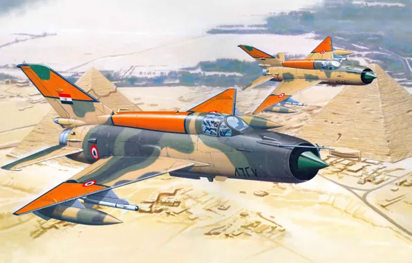 Картинка авиация, самолет, истребитель, Египет, пирамиды, Mig, ВВС, МиГ-21
