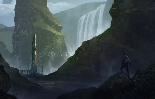 Горы, человек, водопад, сооружение, Tower