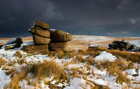 Картинка снег, камни, холмы, Англия