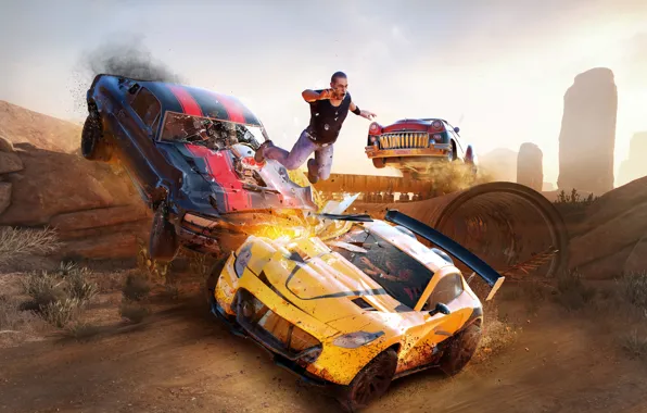Car, fire, flame, game, jump, race, man, speed