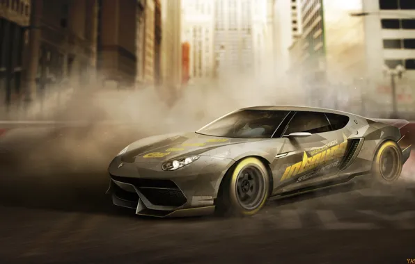 Авто, Рисунок, Город, Lamborghini, Машина, Арт, Суперкар, Рендеринг