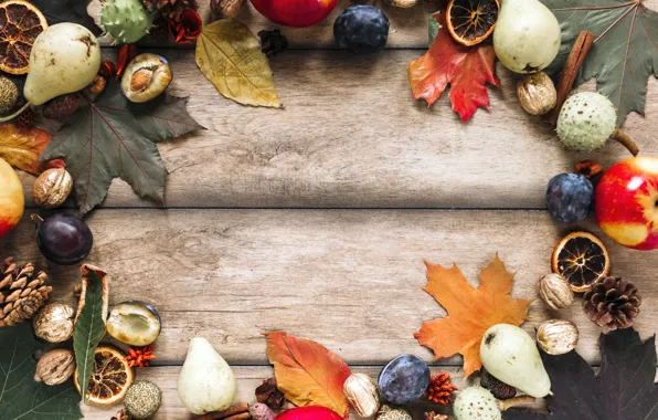 Картинка осень, листья, яблоки, сливы, шишки, груши, открытка, шаблон
