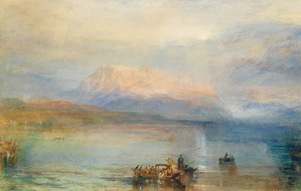 Картинка пейзаж, горы, озеро, люди, лодка, картина, бухта, акварель