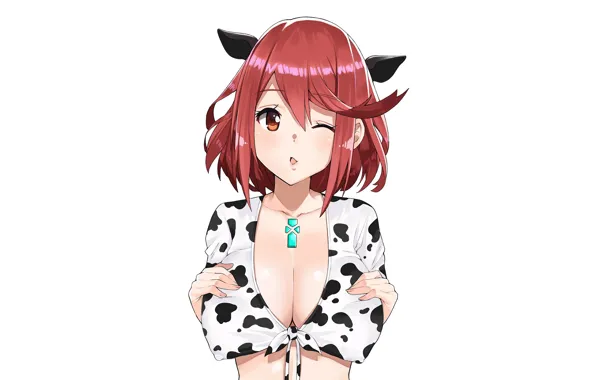 Girl, sexy, cleavage, red hair, boobs, animal ears, anime, beautiful