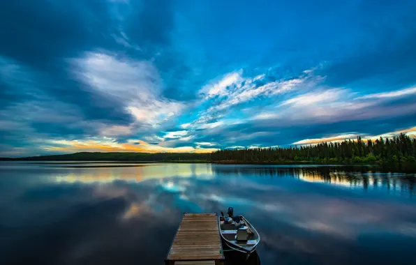 Картинка лес, закат, озеро, лодка, причал, Канада, Canada, British Columbia