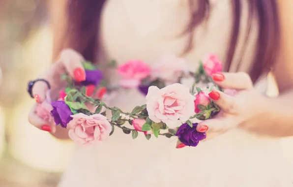 Картинка цветы, весна, happy, невеста, венок, свадьба, flowers, spring