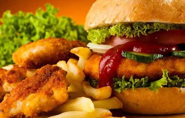 Картинка гамбургер, картофель фри, Fast food, Chicken Nuggets