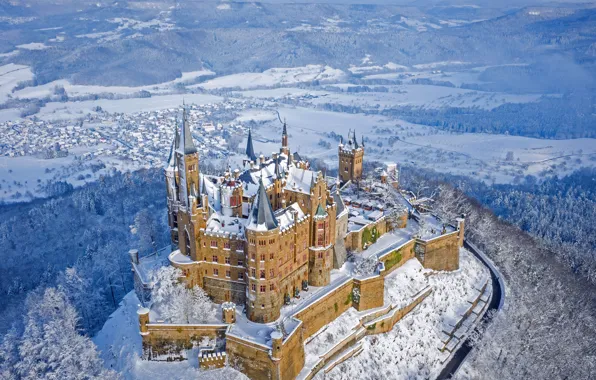 Зима, Германия, German, вид сверху, Замок Гогенцоллерн, Hohenzollern Castle