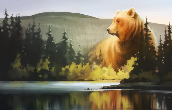 Картинка лес, озеро, медведь