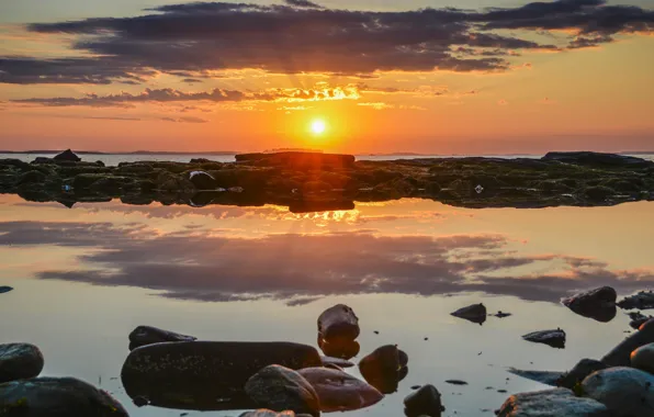 Fireball, pool, sea, ocean, clouds, rocks, sun, sunrise