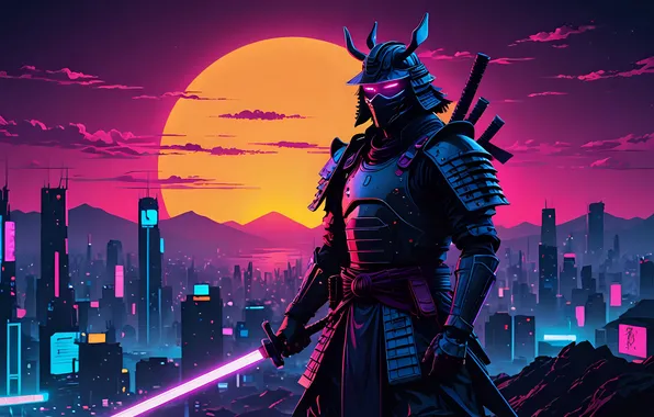 Картинка sunset, neon, samurai, AI art