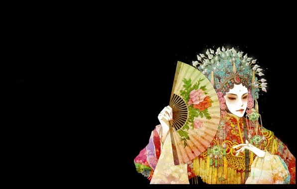 Украшения, веер, азиатка, черный фон, головной убор