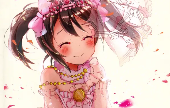 Улыбка, рюшки, диадема, лепестки роз, два хвостика, розовое платье, Love Live! School Idol Project, слезы …