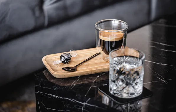 Water, coffee, candy
