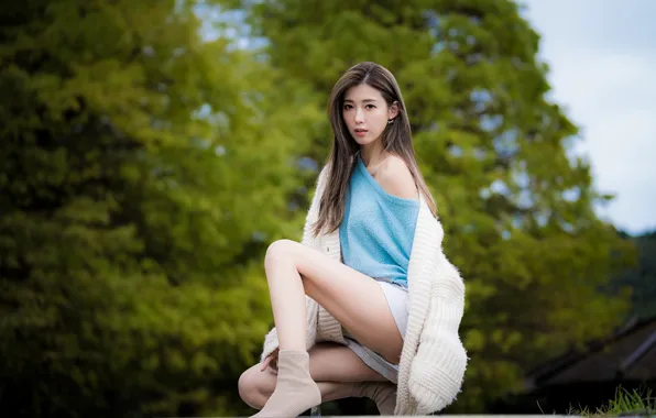 Взгляд, деревья, поза, азиатка, trees, look, asian, pose