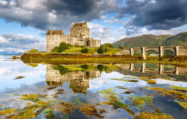 Мост, озеро, отражение, Шотландия, Scotland, Dornie, Eilean Donan Castle, Дорн