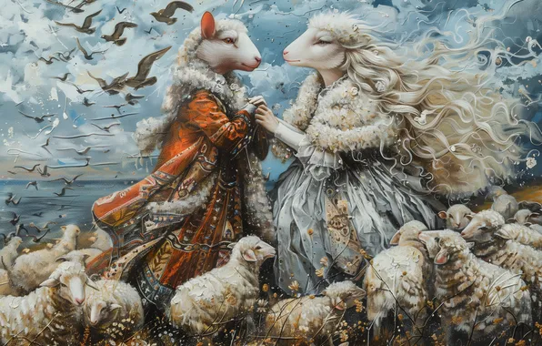 Птицы, овцы, фэнтези, пара, баран, стадо, овца, ягнята