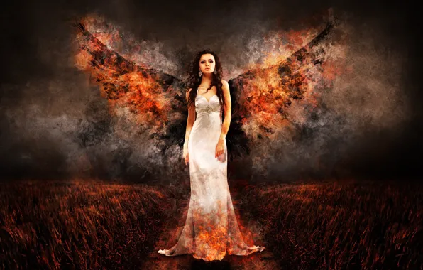 Картинка поле, девушка, ночь, огонь, крылья, ангел, платье, стоит