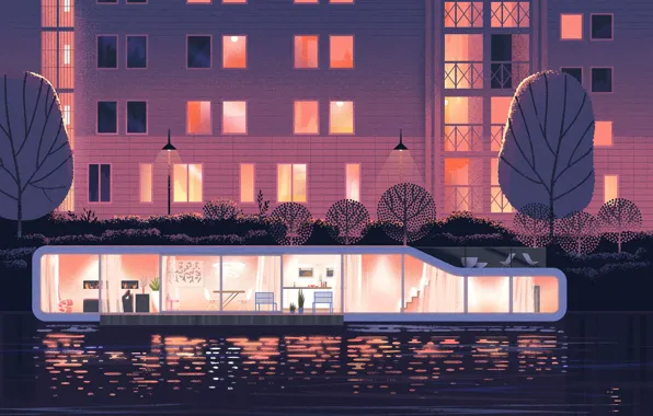 Деревья, берег, здание, водоём, Nomadic Homes Illustrations