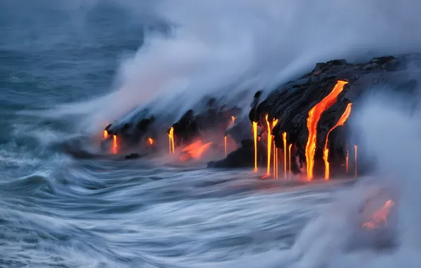Картинка волны, природа, океан, скалы, лава