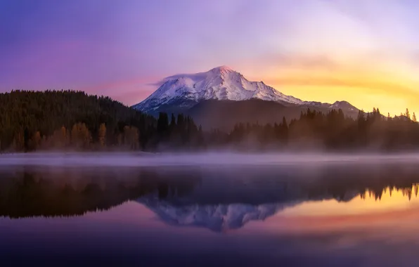 Картинка утро, США, штат Калифорния, гора Маунт Шаста, озеро Siskiyou