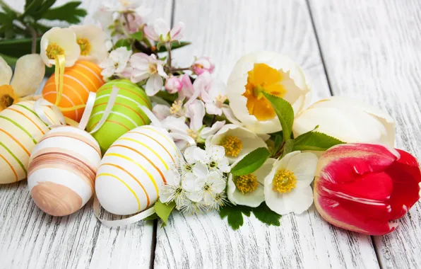 Цветы, яйца, весна, colorful, Пасха, happy, wood, blossom