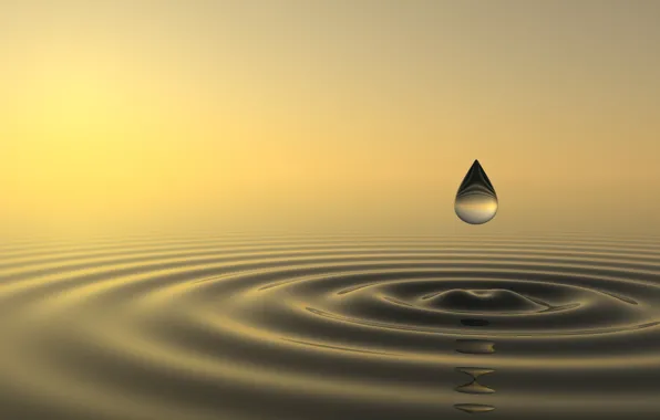 Sky, sunset, drop, water, sun, close, fall, ripples