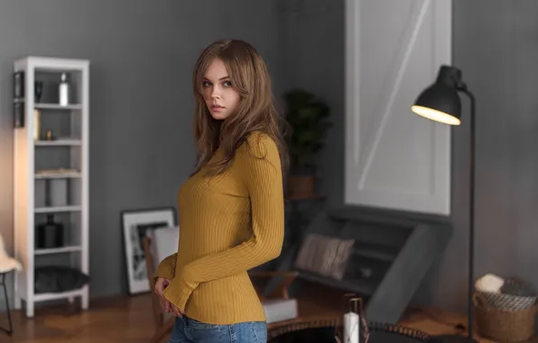 Long hair, woman, young, beautiful, model, sweater, Anastasia Shcheglova