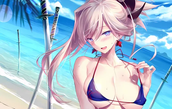 Girl, sexy, wet, cleavage, beach, pink hair, sky, long hair