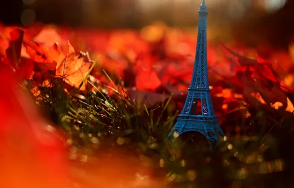 Картинка осень, трава, листья, природа, Франция, Париж, Эйфелева башня, Paris