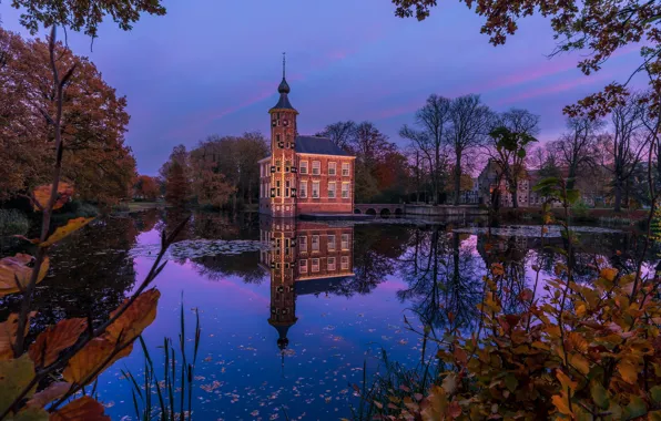 Картинка осень, деревья, пруд, парк, замок, Нидерланды, водоём, Netherlands
