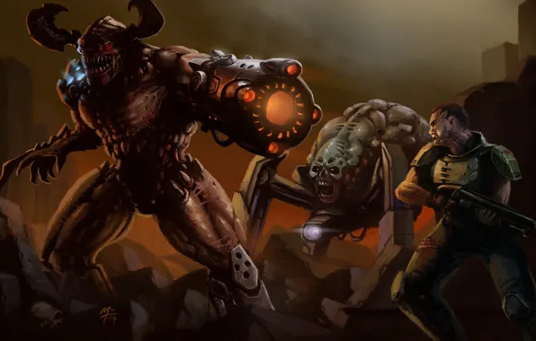 Игра, легенда, art, Game, Дум, DOOM, Cyberdemon, spider mastermind