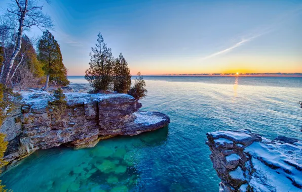 Деревья, восход, скалы, озеро Мичиган, Lake Michigan