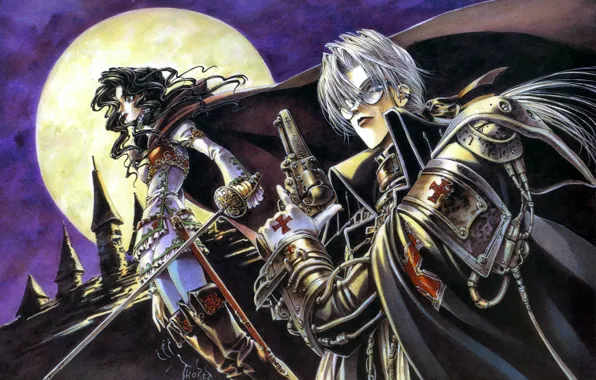 Ночь, пистолет, перчатки, плащ, полнолуние, trinity blood, ботфорты, шпага