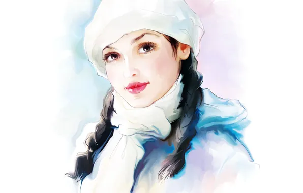 Картинка зима, взгляд, лицо, рисунок, вектор, косички, шапочка