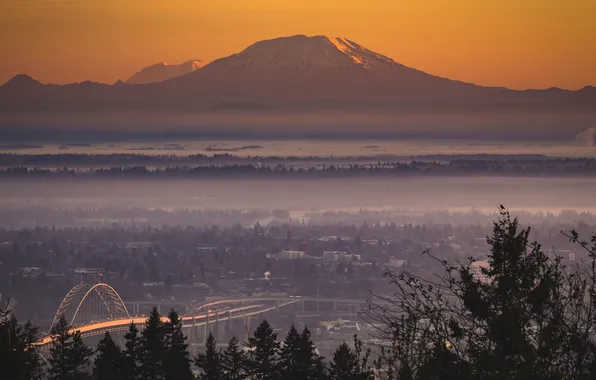 Картинка облака, горы, мост, горизонт, Орегон, Портленд, восход солнца, Соединенные Штаты