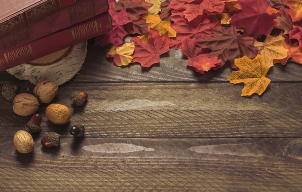 Картинка осень, листья, фон, colorful, доска, wood, желуди, background