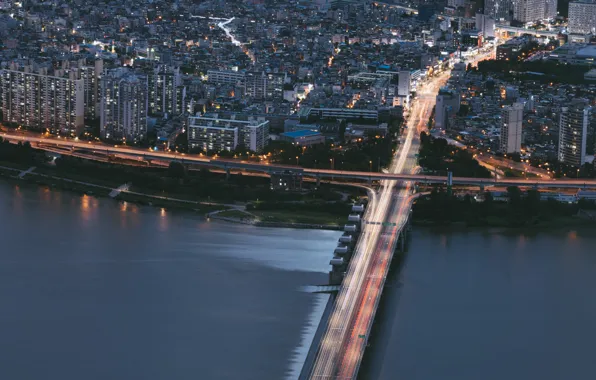 Картинка мост, город, река, здания, дороги, вечер, мегаполис