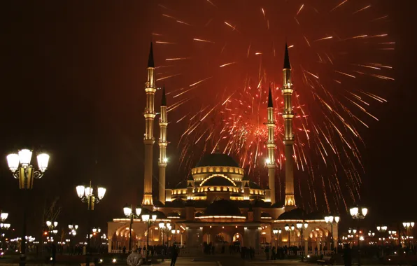 Картинка праздник, салют, мечеть, Чечня, Грозный