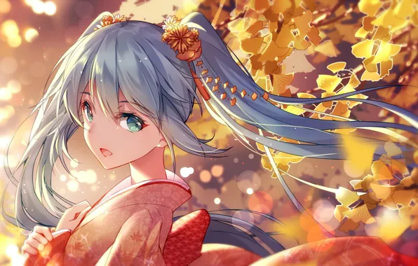 Листья, ветки, лицо, vocaloid, юката, Hatsune Miku, вокалоид, голубые волосы