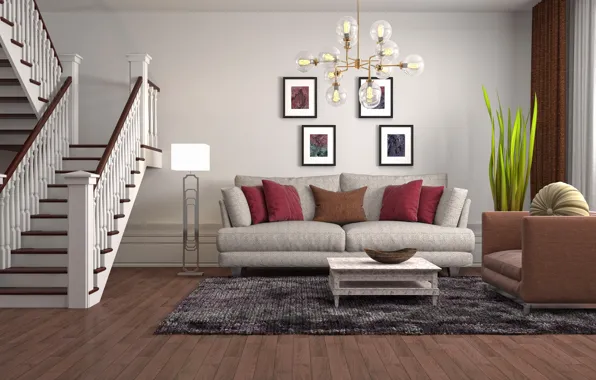 Картинка дизайн, мебель, интерьер, лестница, люстра, гостиная, living room