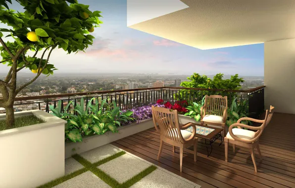 Картинка цветы, город, мебель, вид, терраса