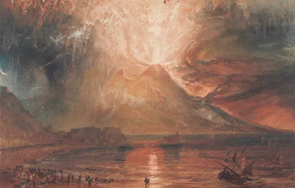Картинка море, пейзаж, картина, вулкан, Уильям Тёрнер, Извержение Везувия