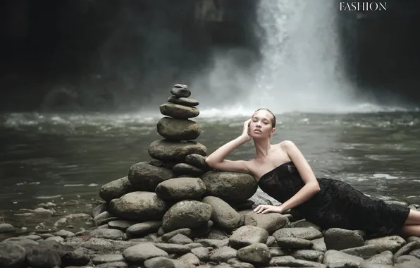 River, woman, beautiful, model, stones, charming, Olya Dmitrievskaya