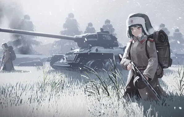 Зима, Девушки, Снег, Война, Военные, Аниме, СССР, Автомат