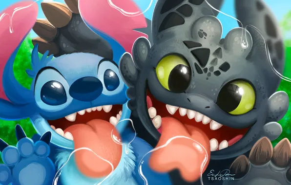 Kawaii, alien, cartoon, crossover, Stitch, cute, How to Train Your Dragon, animated movie