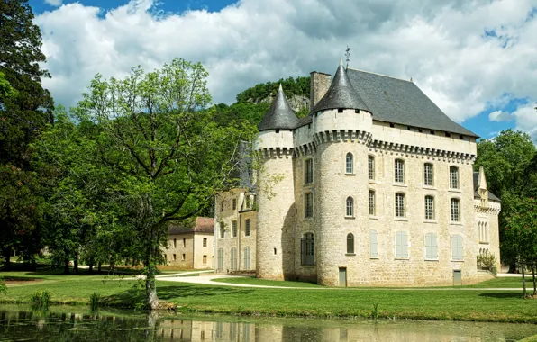 Пруд, замок, Франция, France, Pond, Champagne, Castles