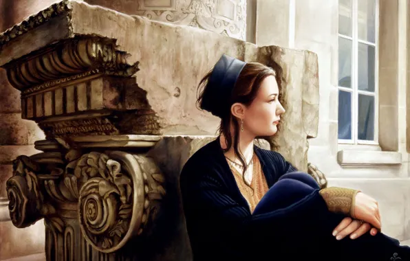 Картинка девушка, задумчивость, картина, окно, арт, шатенка, сидит, колонна