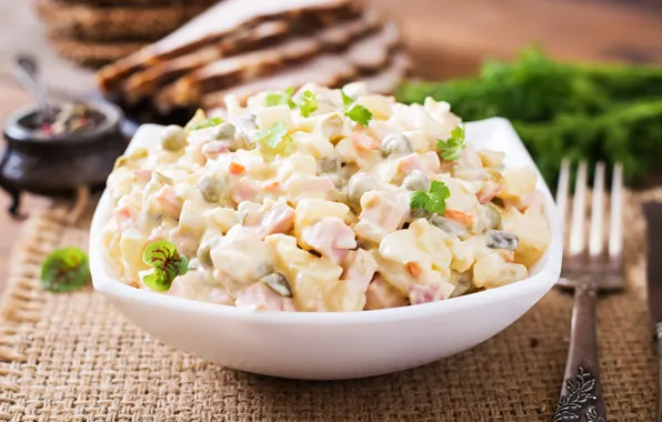 Миска, салат, оливье